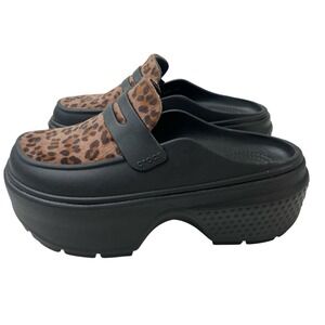 Crocs Stomp Faux Fur Leopard Print Loafers black platform clogs women Sz 6